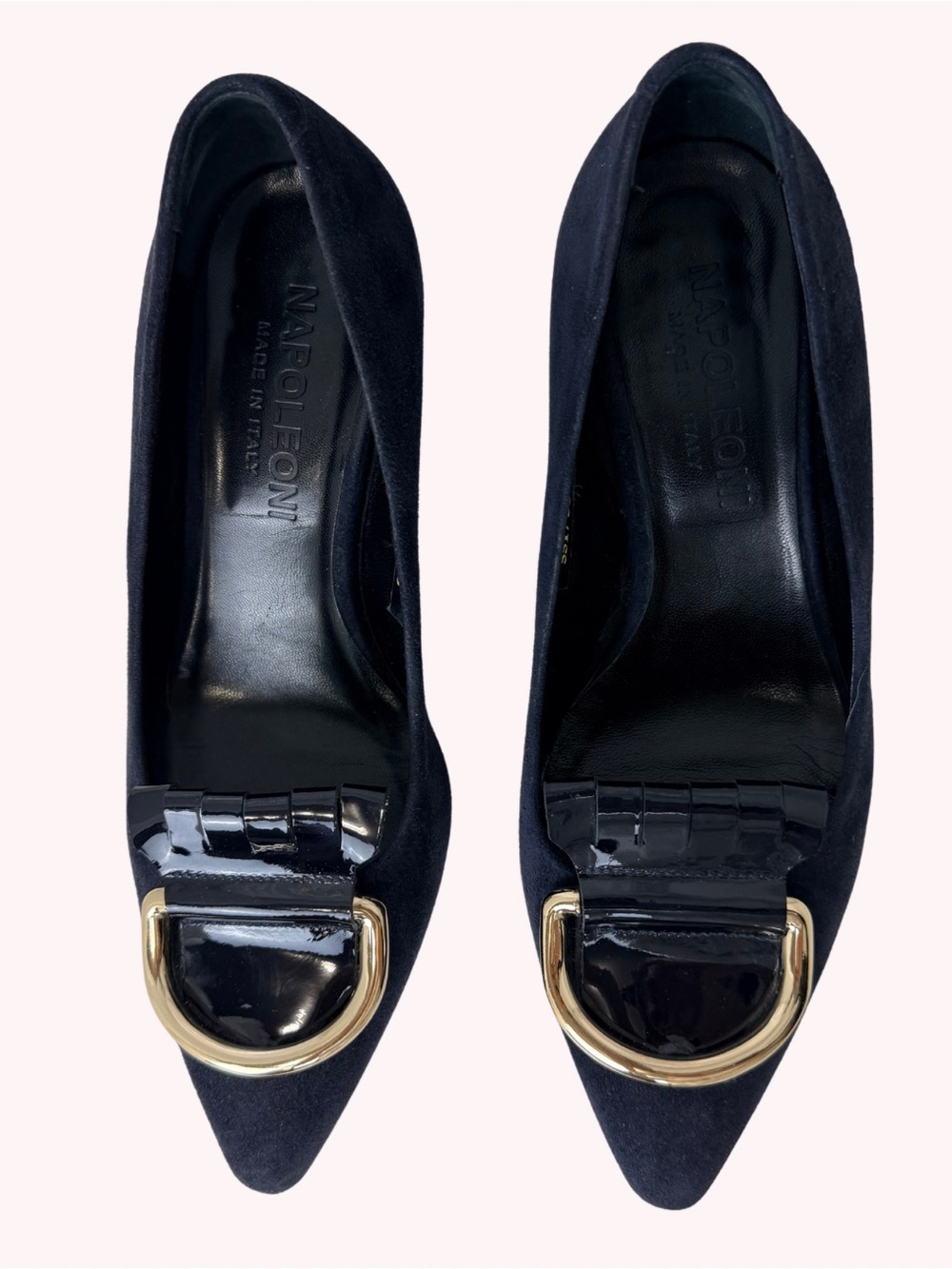 Napoleoni Italy Navy Suede Gold Buckle Patent Toe Pumps 36